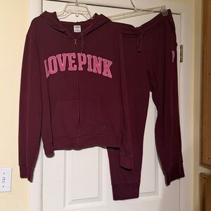 PINK Victoria's Secret Burgundy Hoodie and Sweatpants Set